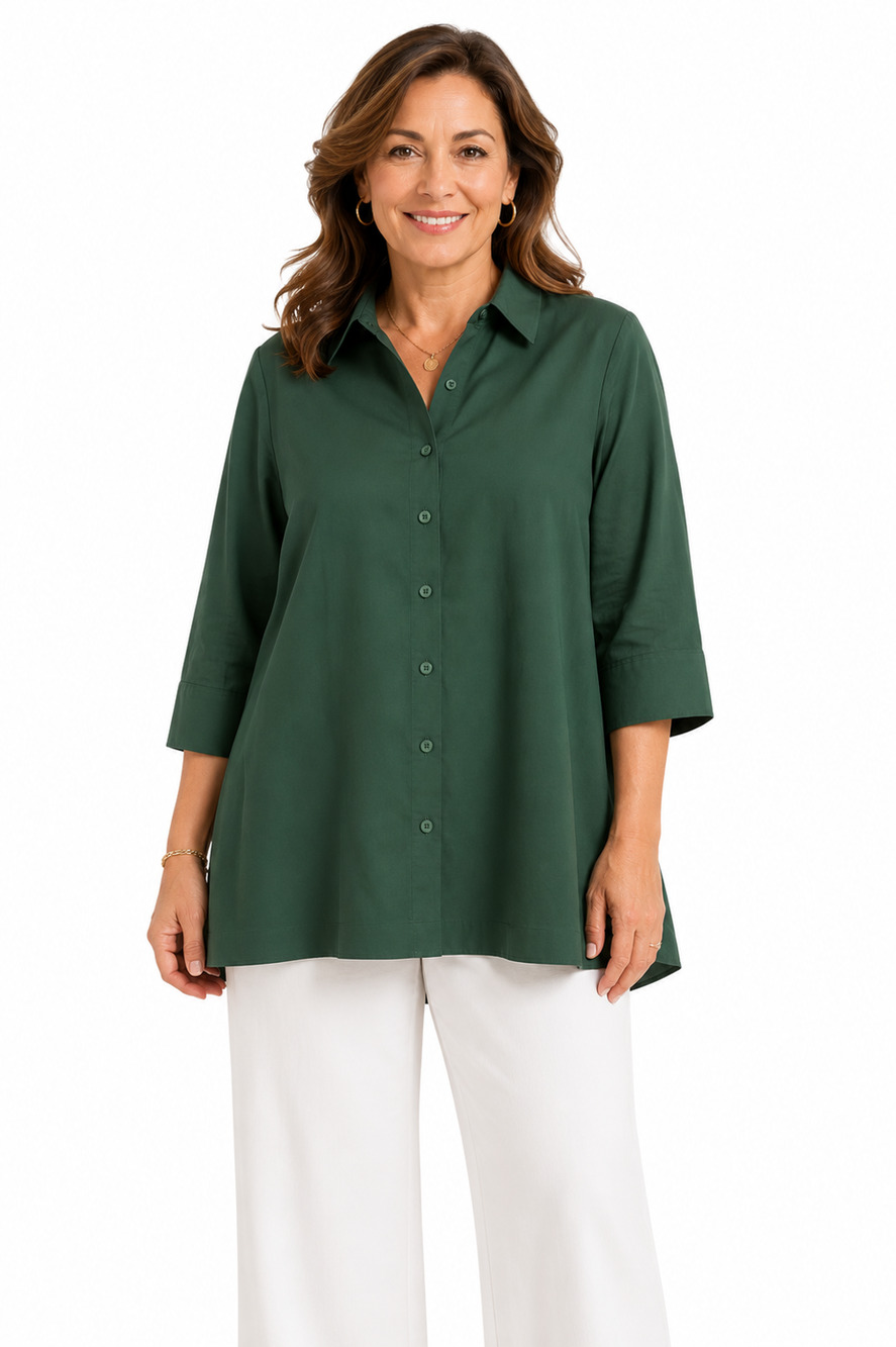 Chicos Stretch Cotton Relaxed Green Button Up Casual Shirt Top 3/4 Sleeve 1 / M